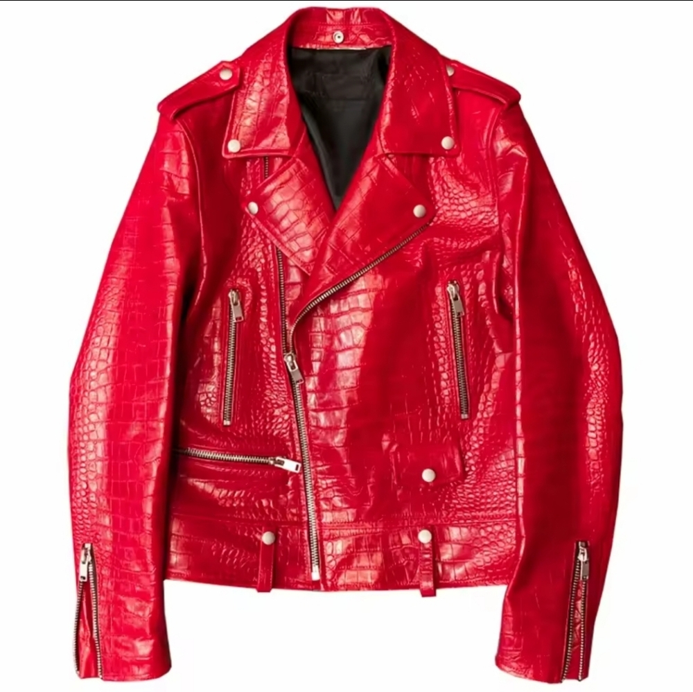 Red Croc-Embossed Leather Jacket - image 1